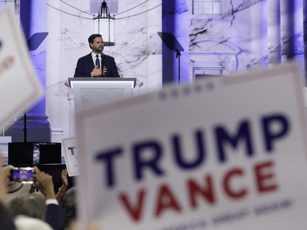 Republican vice presidential candidate, U.S. Sen. J.D. Vance, speaks on stage  on the third day of the Republican National Convention in Milwaukee.