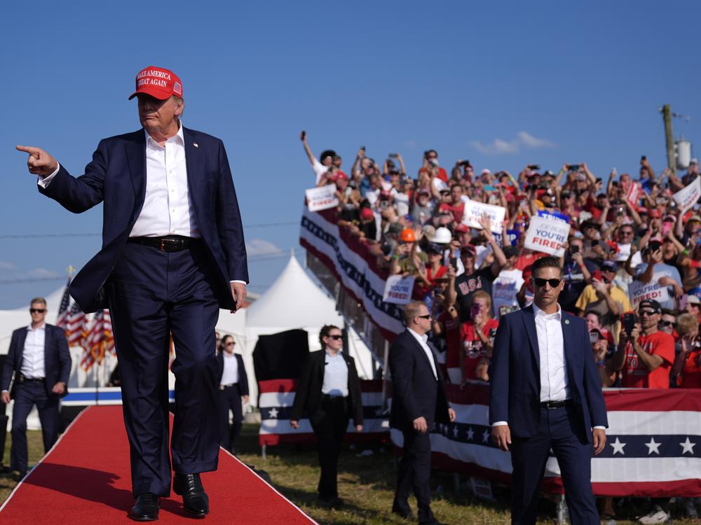Republican presidential candidate Donald Trump arrives for the campaign rally in Butler on July 13.