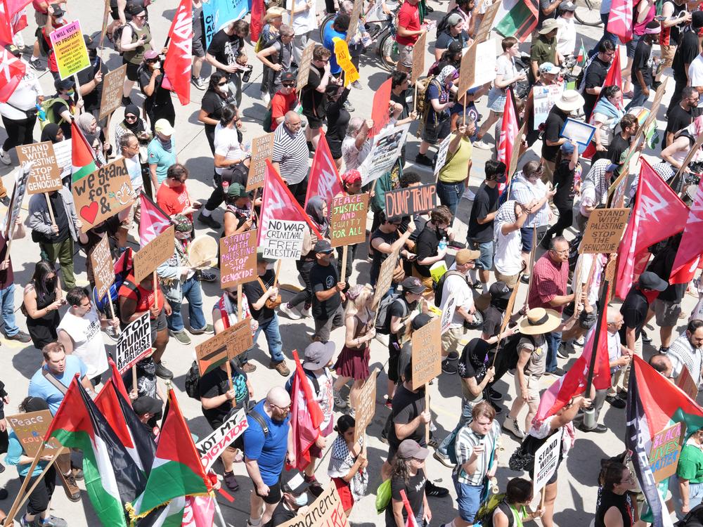 People gathered for the March on RNC during the first day of the 2024 Republican National Convention in Milwaukee, Wisconsin on July 15, 2024.