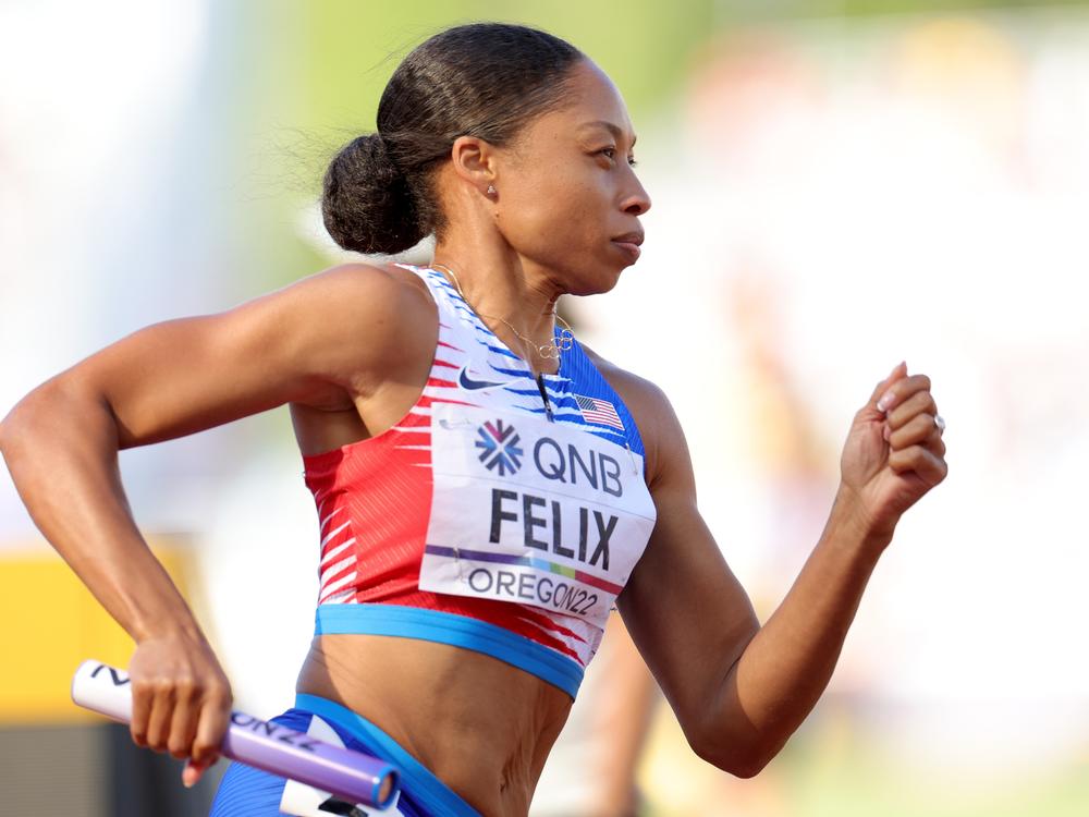 Allyson Felix of Team United States competes in the Women's 4x400m Relay heats on day nine of the World Athletics Championships Oregon22 at Hayward Field on July 23, 2022 in Eugene, Oregon.