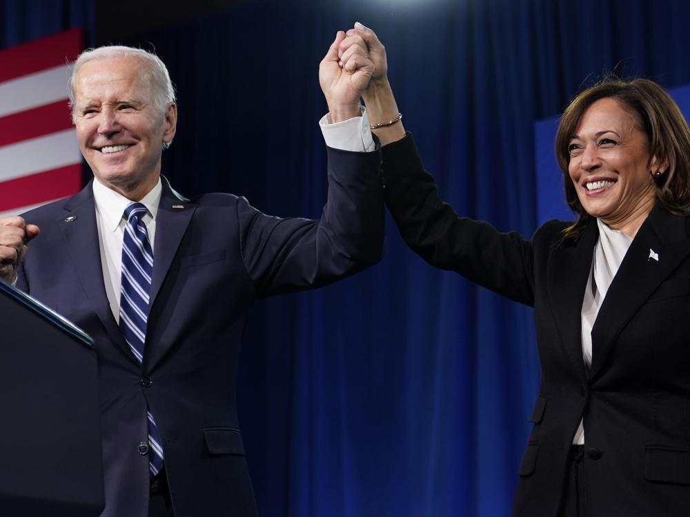 President Biden and Vice President Harris stand on stage at the Democratic National Committee winter meeting, Feb. 3, 2023, in Philadelphia. After deciding to no longer seek the Democratic nomination, Biden endorsed Harris to be the Democratic nominee and take on Republican nominee, former President Donald Trump.