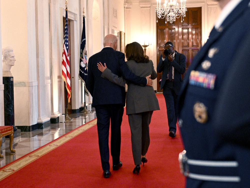 Vice President Harris and President Biden depart the East Room after delivering remarks on artificial intelligence at the White House on Oct. 30, 2023.