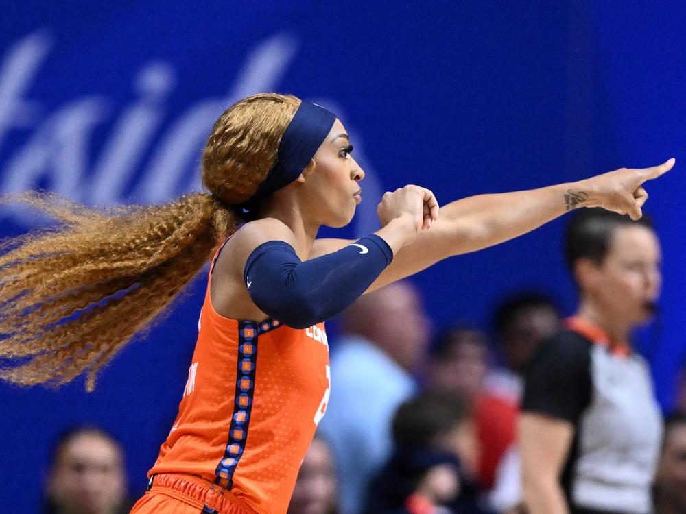 DiJonai Carrington of the Connecticut Sun reacts during a game against the Indiana Fever on June 10, 2024 in Uncasville, Conn.