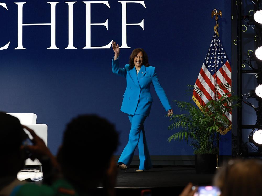Vice President Harris walks onstage at the 2024 Essence Festival in New Orleans on July 6.