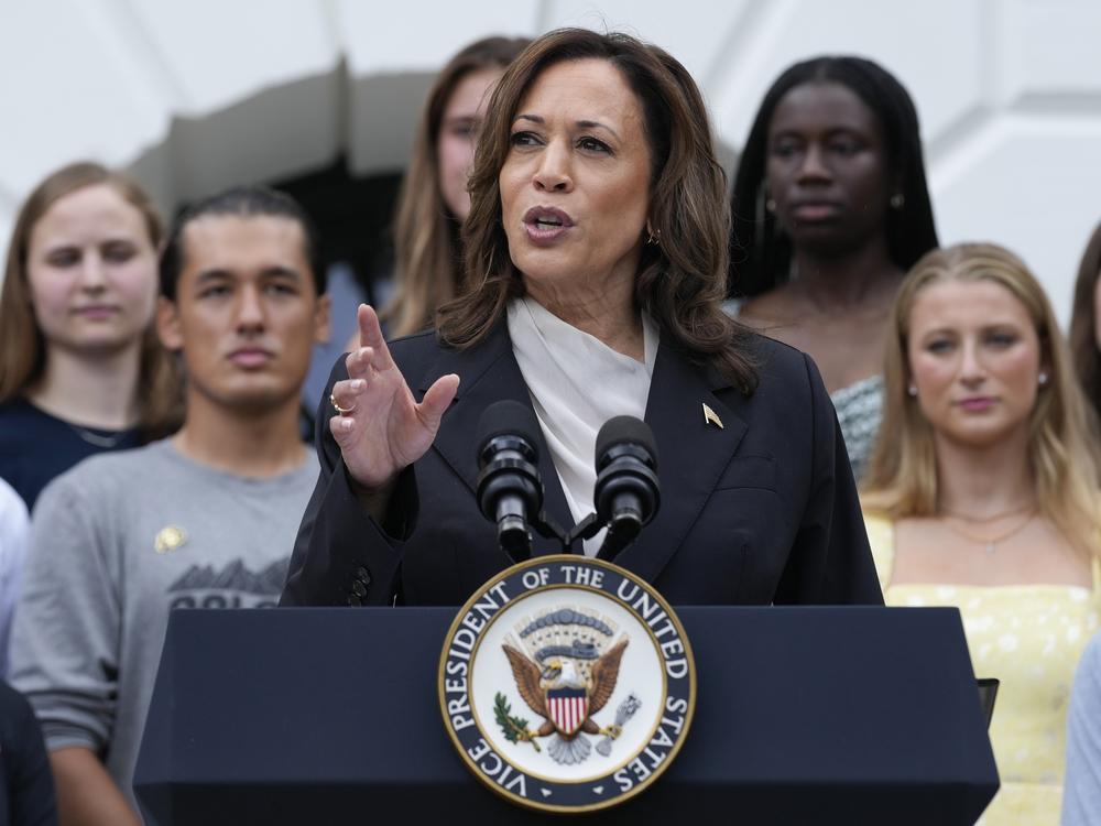Vice President Kamala Harris speaks from the South Lawn of the White House in Washington on Monday during an event with NCAA college athletes. 