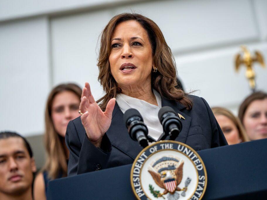 Vice President Harris speaks during an NCAA championship teams celebration on the South Lawn of the White House on Monday.