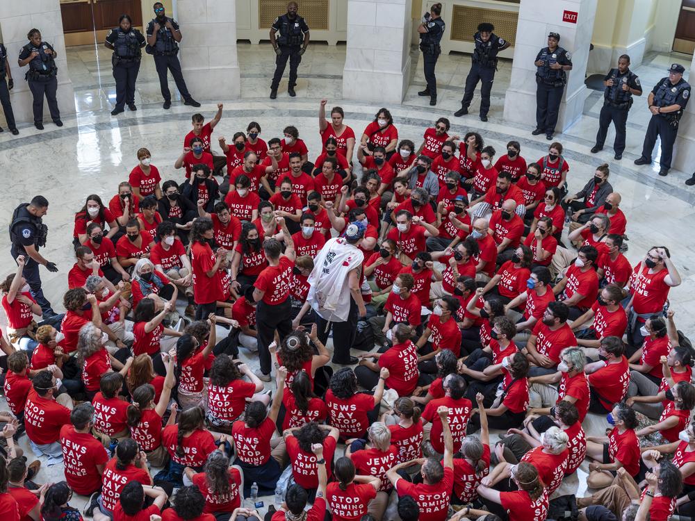 Demonstrators protest against the military policies of Israel on Tuesday in the Cannon House Office Building at the Capitol in Washington, D.C.