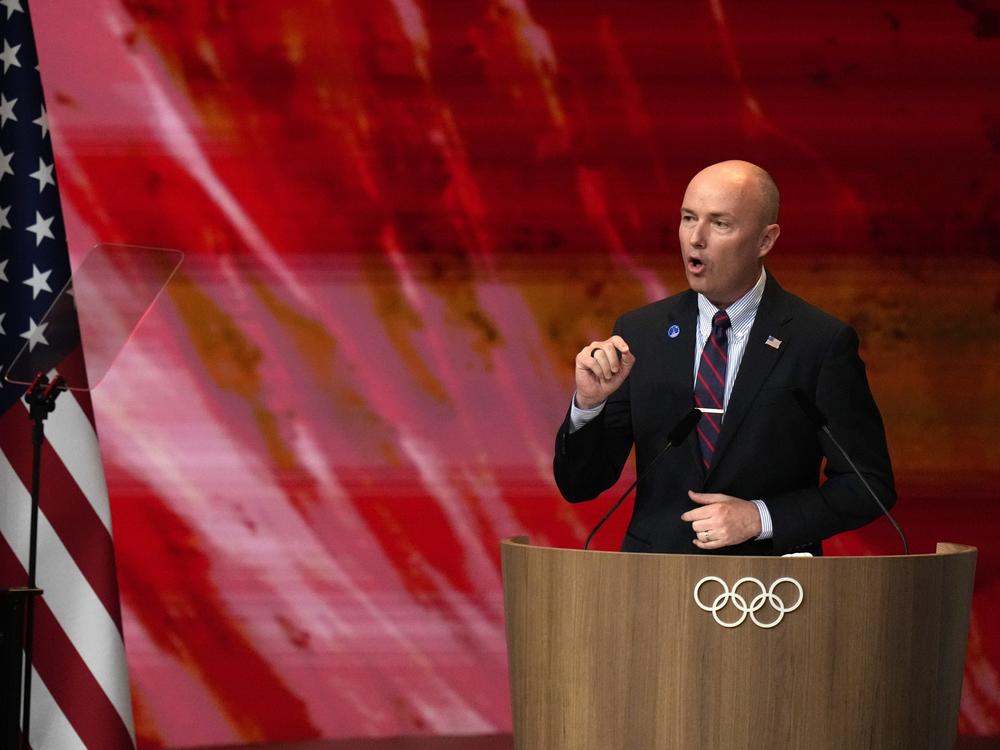 Utah Gov. Spencer Cox speaks about Salt Lake City's bid to host the 2034 Winter Olympics, during the 142nd IOC session at the 2024 Summer Olympics on Wednesday in Paris, France.