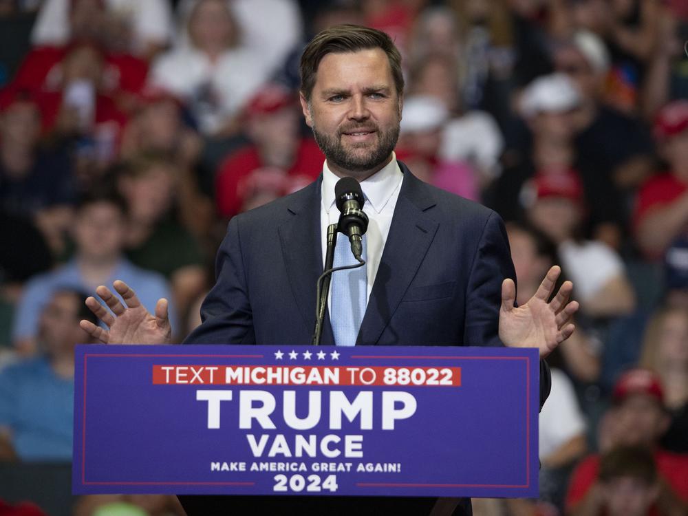 Sen. JD Vance, R-Ohio, the Republican vice presidential candidate, speaks at a rally in Grand Rapids, Mich., on Saturday.