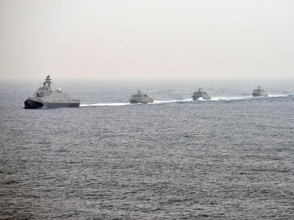 Naval vessels participate in a Taiwanese military drill near the naval port in Kaohsiung in southern Taiwan on Jan. 27, 2016.