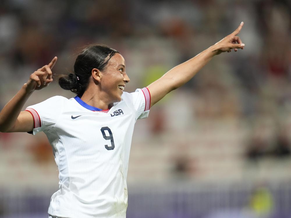 Mallory Swanson of the U.S. reacts after scoring the team's third goal (and her second of the match) during the USWNT's opening group game against Zambia at Nice Stadium at the 2024 Summer Olympics on Thursday.