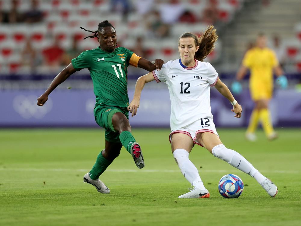 Tierna Davidson (right) of the U.S. Women's National Team is challenged by Barbra Banda of Zambia during a group match between the U.S. and Zambia during the Paris Olympics at Stade de Nice on Thursday in Nice, France.