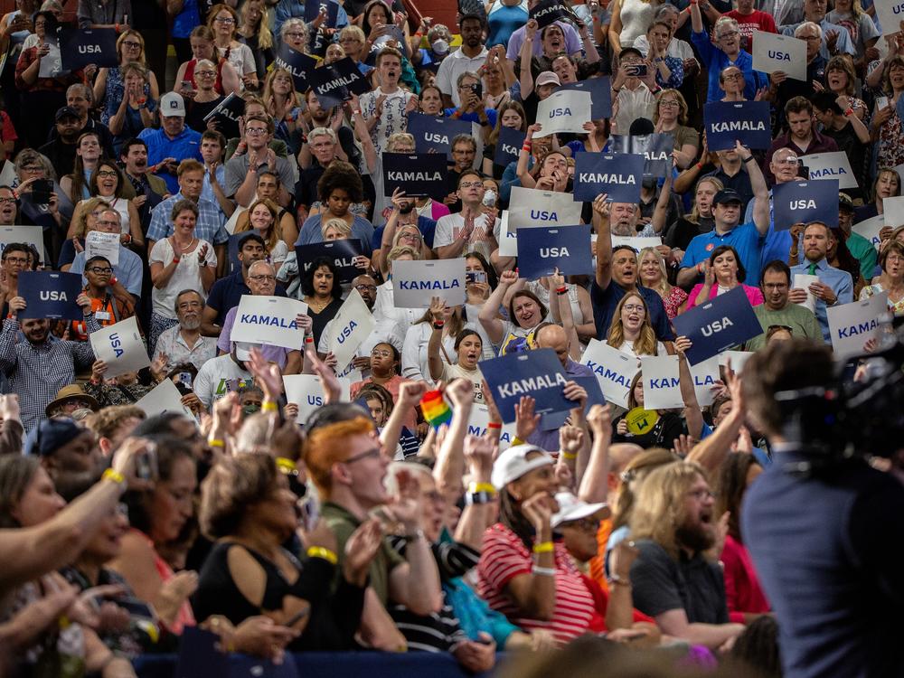 Democrats cheer for Vice President Harris at a rally — the first of her campaign — in Milwaukee on July 23, 2024.
