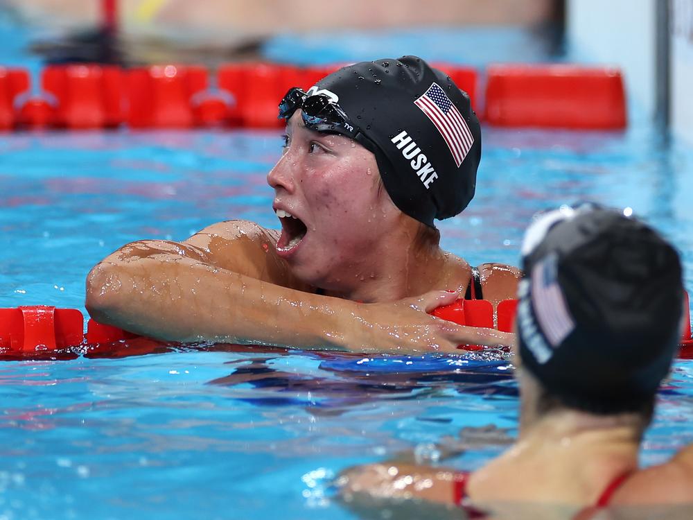 Torri Huske of Team USA reacts after winning gold in the women’s 100-meter butterfly final on Sunday at the Olympic Games in Paris. 