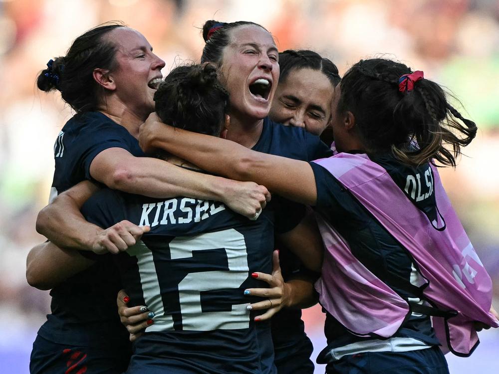 U.S. players react after the women's bronze medal rugby sevens match between USA and Australia during the Paris 2024 Olympic Games at the Stade de France in Saint-Denis on Tuesday.