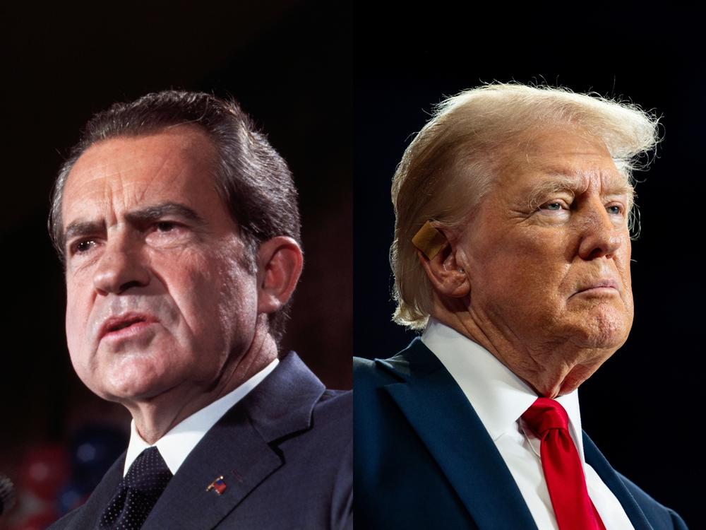  Left: President Richard Nixon makes victory speech at a rally shortly after being elected to serve a second term by a landslide in the November 7th Presidential election Washington D.C. Right: U.S. Republican Presidential nominee former President Donald Trump speaks to attendees during his campaign rally at the Bojangles Coliseum on July 24, 2024 in Charlotte, North Carolina.