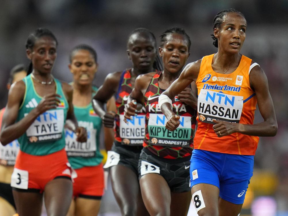 Sifan Hassan of the Netherlands leads the pack in a 5000-meters heat during the World Athletics Championships in Budapest, Hungary, on Aug. 23, 2023.