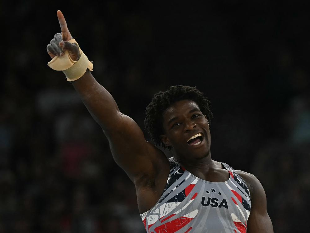Frederick Richard reacts during the gymnastics men's team final Monday during the Paris 2024 Olympic Games at Bercy Arena. Frederick's enthusiasm, zeal and huge social media presence are fueling excitement in Paris and beyond. 