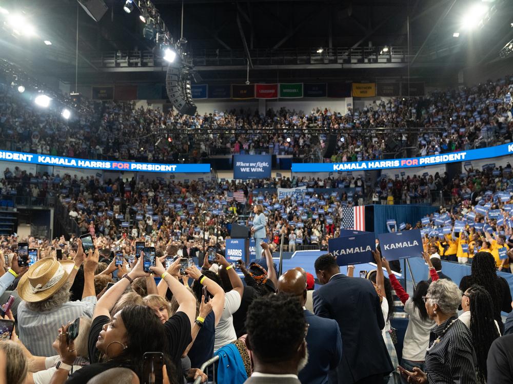 Vice President Harris speaks at a campaign event at the Georgia State Convocation Center on July 30, 2024 in Atlanta.