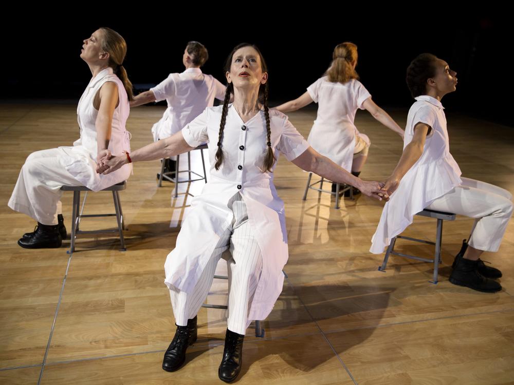 Monk performs in <em>Cellular Songs</em> with, left to right, Katie Geissinger, Ellen Fisher, Allison Sniffin and Jo Stewart at Queenslab in Ridgewood, N.Y.   