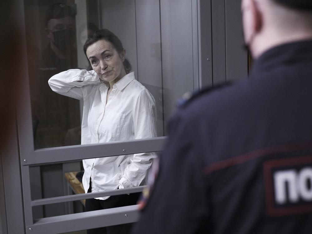 Alsu Kurmasheva, an editor for the U.S. government-funded Radio Free Europe/Radio Liberty's Tatar-Bashkir service, attends a court hearing in Kazan, Russia, on April 1. 