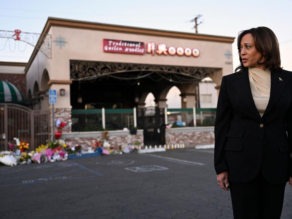 Vice President Harris speaks after paying tribute to the victims of the mass shooting at the Star Ballroom Dance Studio in Monterey Park, Calif., on Jan. 25, 2022.