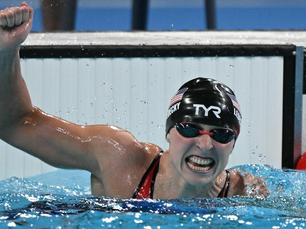 Katie Ledecky of Team USA celebrates after winning Wednesday's final of the women's 1,500m freestyle swimming event during the Paris 2024 Olympic Games. It was her eighth Olympic gold medal.