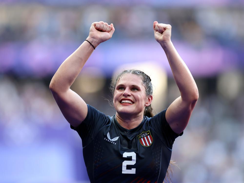 Ilona Maher celebrates the U.S. women's rugby sevens win over Australia for the bronze medal in Paris on Tuesday.