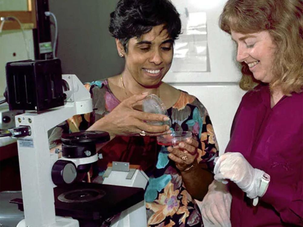Dr. Shyamala Gopalan in her lab at Lawrence Berkeley National Laboratory where she worked as a biomedical scientist. Her work was focused on hormone receptors in breast-cancer development.