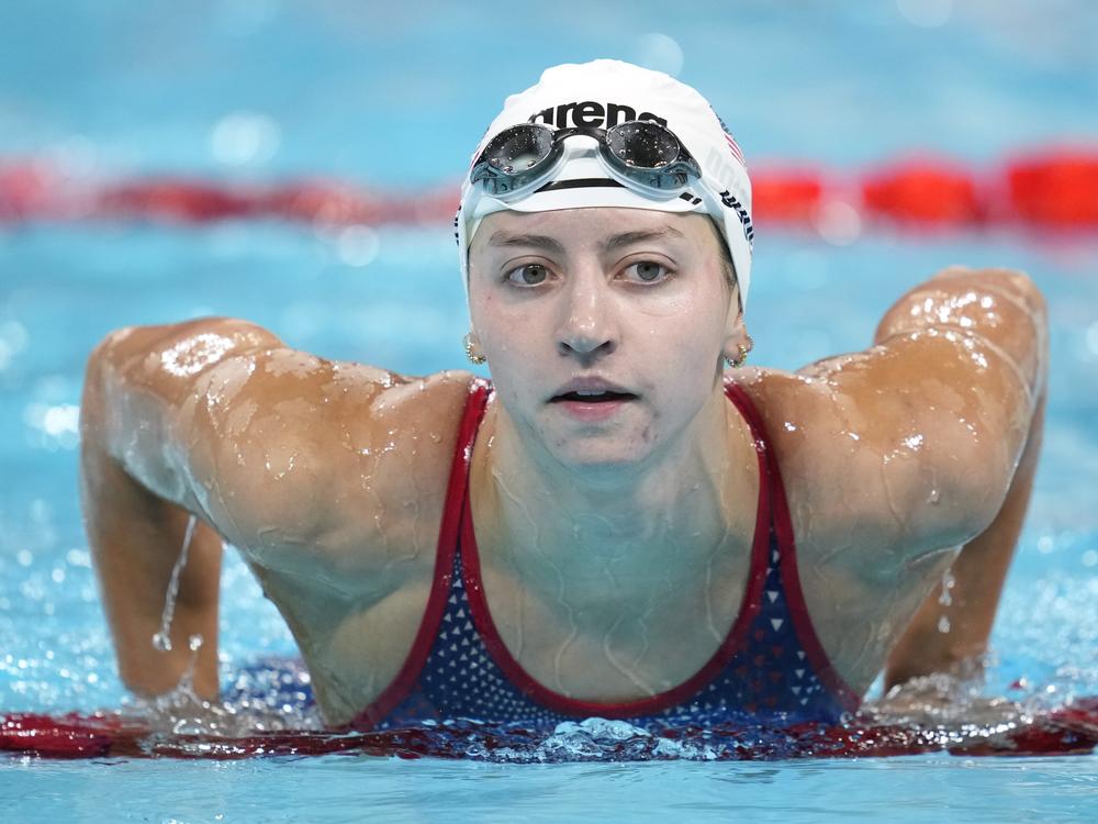 Kate Douglass, who won gold Thursday, shown here after a preliminary heat in the women's 200-meter breaststroke on Wednesday. Her victory boosted the American gold medal count to four.