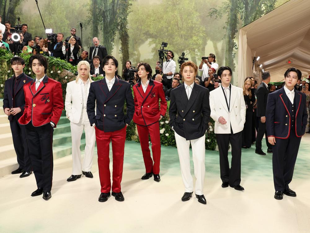 Members of the K-pop group Stray Kids attend the 2024 Met Gala in New York City. The group's latest album, <em>ATE</em>, topped the <em>Billboard </em>200 album chart in its opening week.