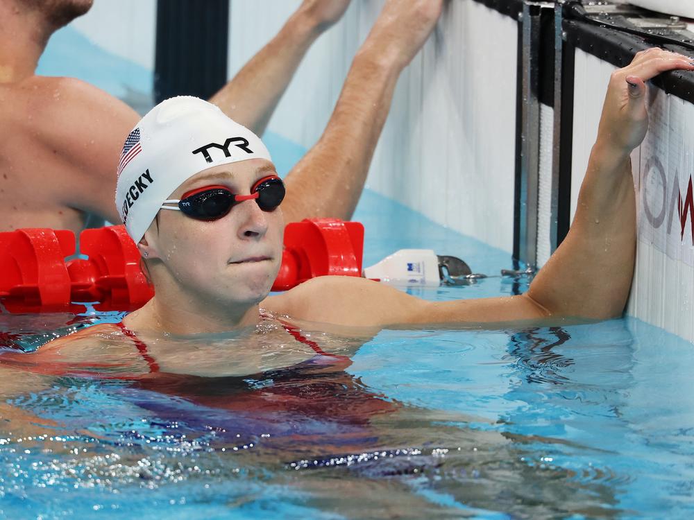 Katie Ledecky of Team USA looks on during a training session in the competition pool at Paris La Defense Arena ahead of the Paris 2024 Olympic Games.