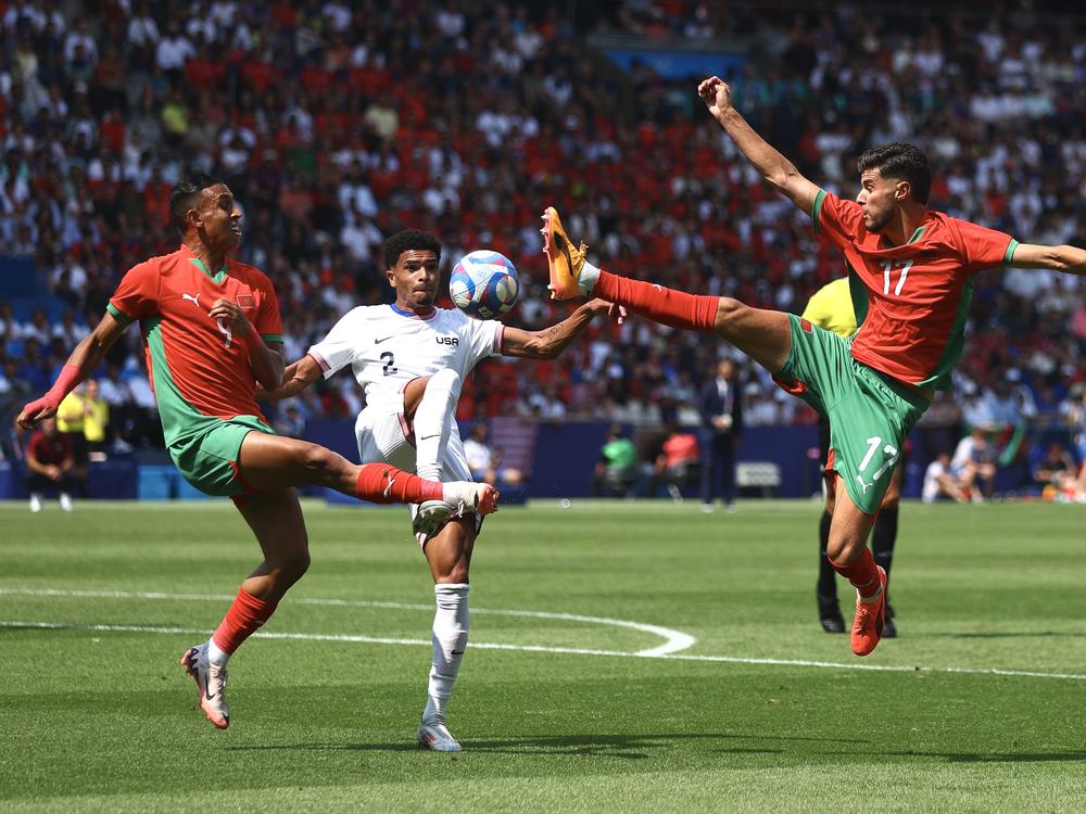 Nathan Harriel (#2) of Team United States battles for the ball during the Paris Olympic quarterfinal match against Morocco on Friday at Parc des Princes stadium.