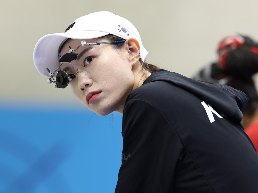 Kim Yeji, of South Korea, reacts during the 10-meter air pistol women's final of shooting on Sunday.