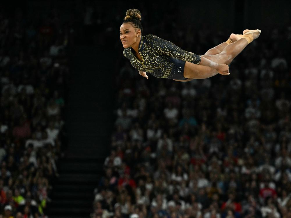 Brazil's Rebeca Andrade competes in the floor exercise event of the artistic gymnastics women's team final during the Paris 2024 Olympic Games at the Bercy Arena in Paris, on July 30.