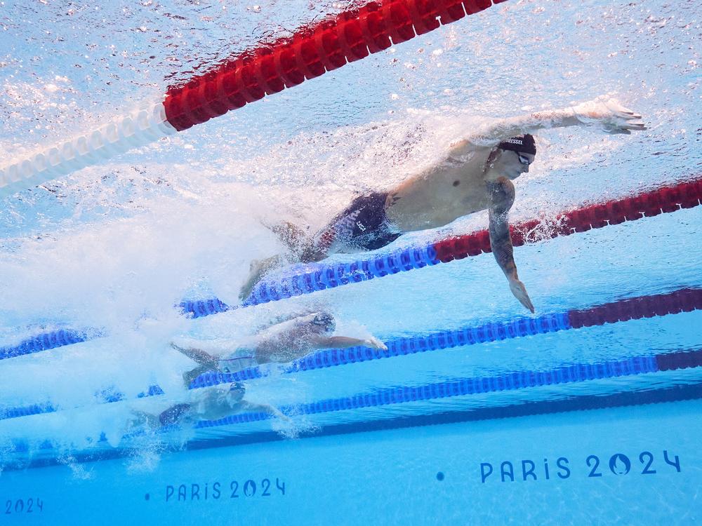 American Caeleb Dressel is the Olympic record holder in the men's 50-meter freestyle race. In Friday's finals in Paris, Dressel failed to reach the podium. He's shown here in the men's 4x100m freestyle relay final on Day 1 of the Paris Summer Games, where he won a gold medal.