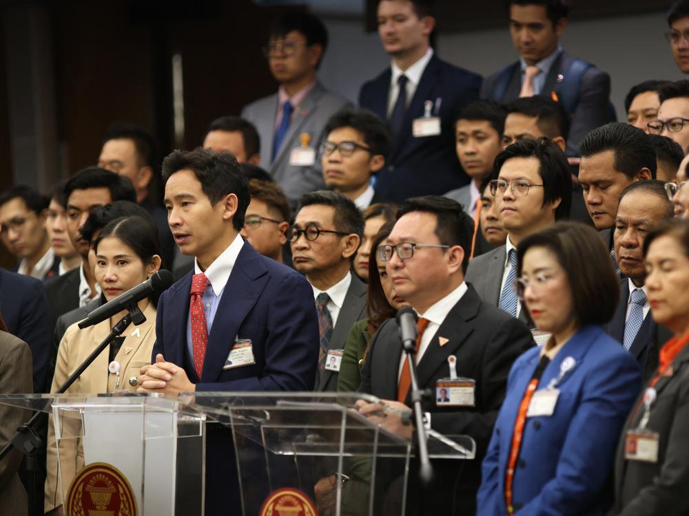 Former Thai prime ministerial candidate and Move Forward Party lawmaker Pita Limjaroenrat (front left) speaks during a press conference at the Thai parliament in Bangkok on Jan. 31.