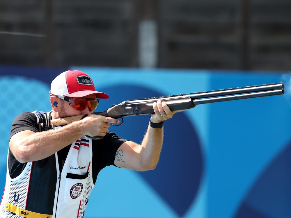 American Vincent Hancock competes in the Shooting Skeet Men's Final Saturday at Chateauroux Shooting Center in Chateauroux, France.