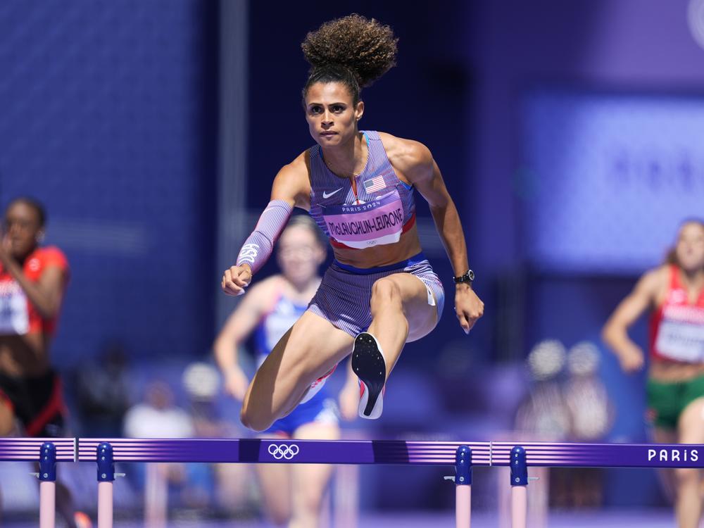 Sydney McLaughlin-Levrone of the U.S. competes in a women's 400-meter hurdles heat at the Paris Olympics on Sunday in Saint-Denis, France.