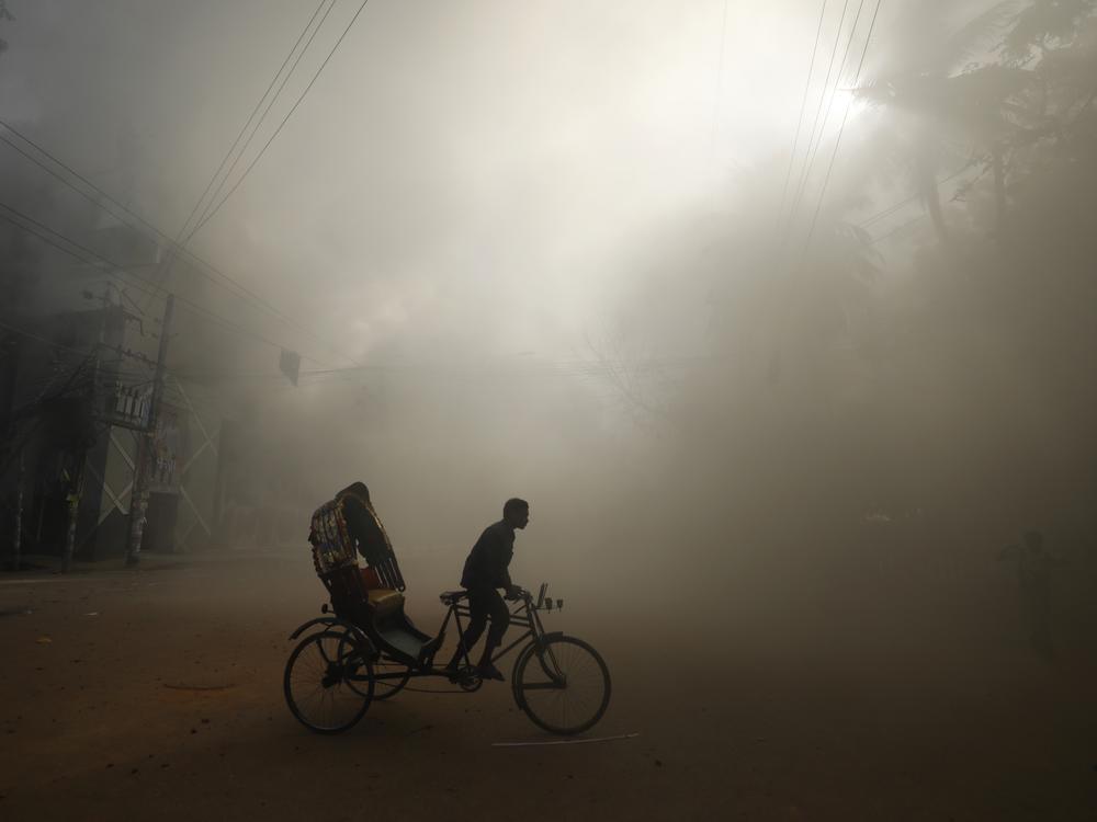 A rickshaw puller rides in the smoke caused by a burning shopping center that was set on fire by protesters during a rally against Prime Minister Sheikh Hasina and her government in Dhaka, Bangladesh, on Sunday.