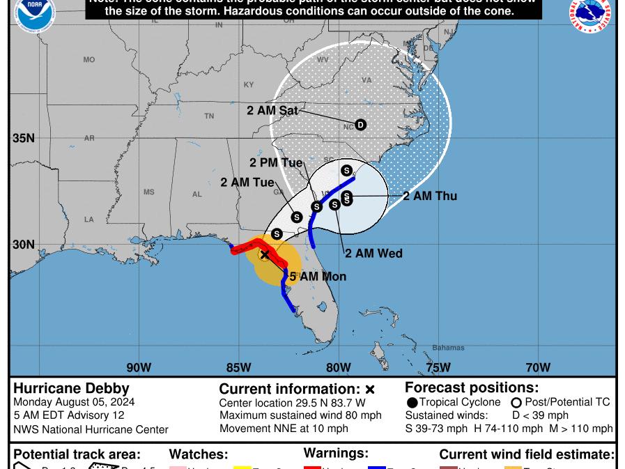 Hurricane Debby is expected to bring heavy rainfall this week as it crosses Florida, where it made landfall early Monday, into Georgia and South Carolina. The storm's remnants expected to finally reach North Carolina early Saturday.