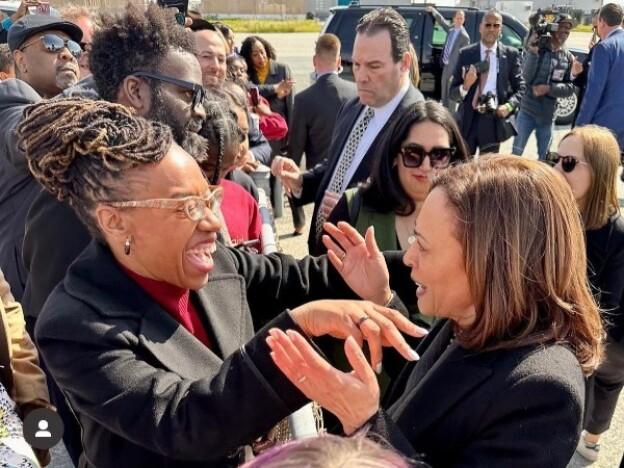 Lateefah Simon, left, and Kamala Harris.