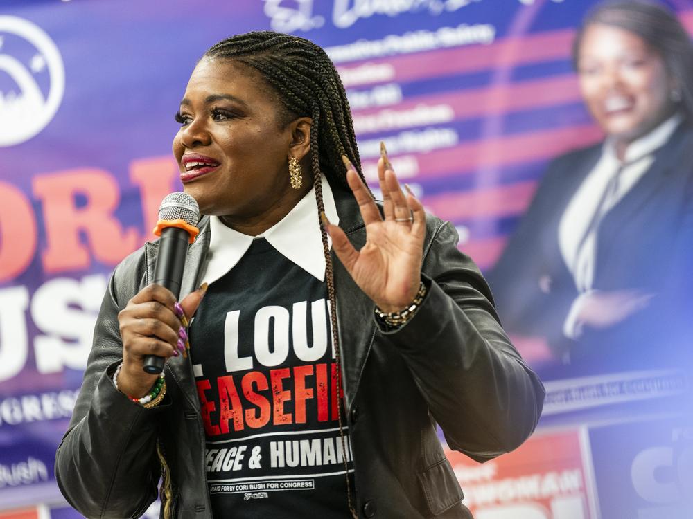 U.S. Rep. Cori Bush, D-Mo., speaks during a campaign event on Saturday, Jan. 27, 2024, in Northwoods, Mo.. Voting in the Democratic House primary race closes Tuesday.