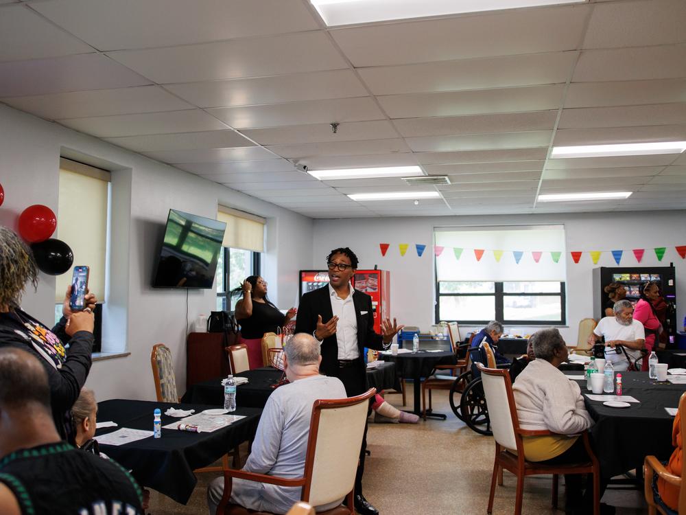 Wesley Bell introduces himself before bingo starts at the Normandy Nursing Center in Normandy on Thursday, July 25, 2024.