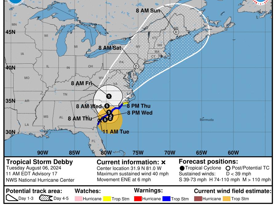  The forecast track of Tropical Storm Debby shows the storm moving very slowly as it crosses back over open water before making landfall in South Carolina.