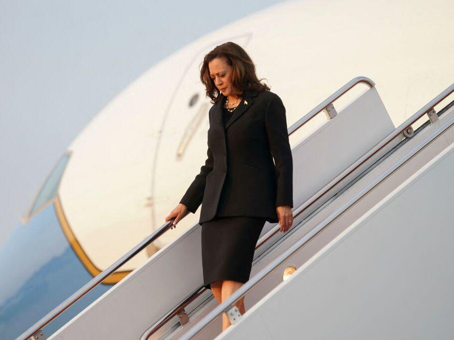 Vice President Harris steps off Air Force 2 upon arrival at Joint Base Andrews in Maryland on Aug. 1.