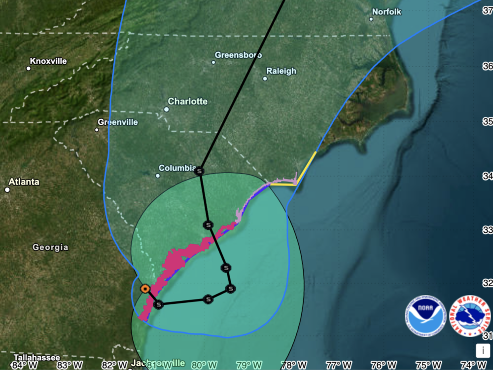  Tropical Storm Debby is forecast to cross the Georgia shore over the Atlantic Ocean, before making a second landfall on the South Carolina coast this week.