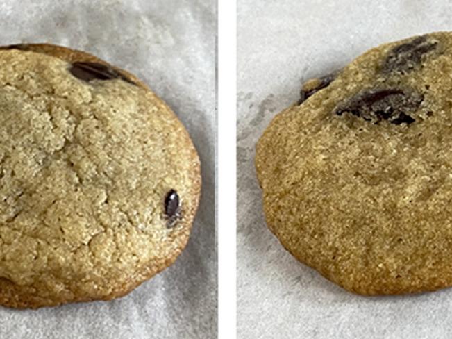 One of these cookies is different from the other. The one on the left was created from a recipe generated by ChatGPT. The cookie on the right came from a recipe app called DishGen.