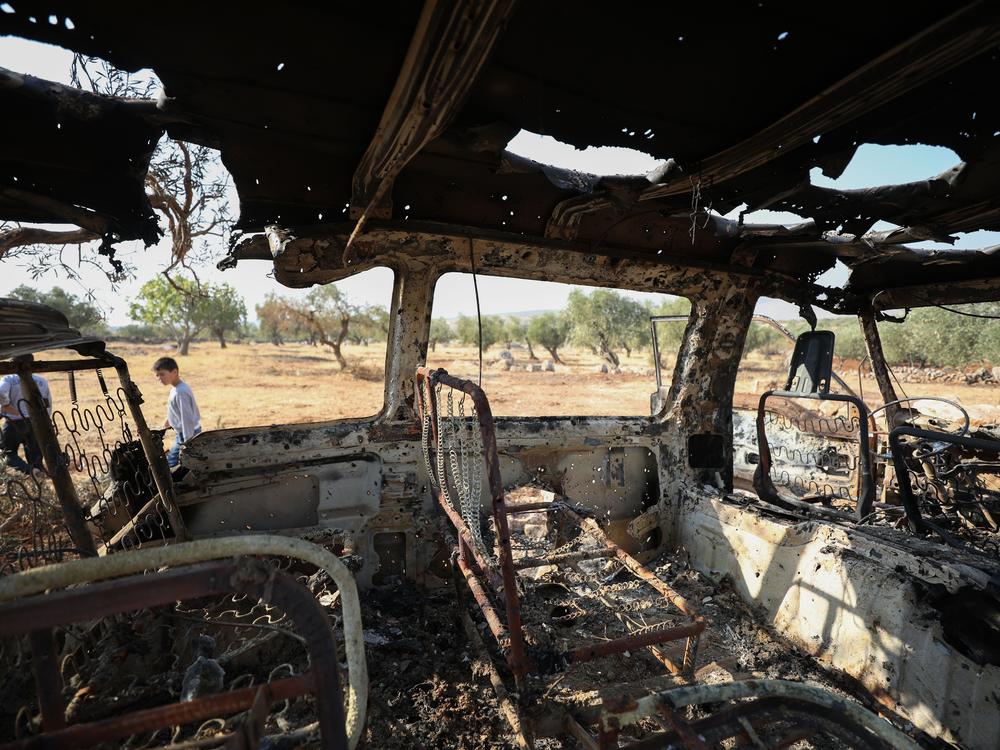 A photo taken on Oct. 27, 2019, shows the inside of the van that Syrian Barakat Ahmad Barakat says he was in when it was targeted by U.S. forces the night of the raid on an ISIS compound, in northwestern Syria.
