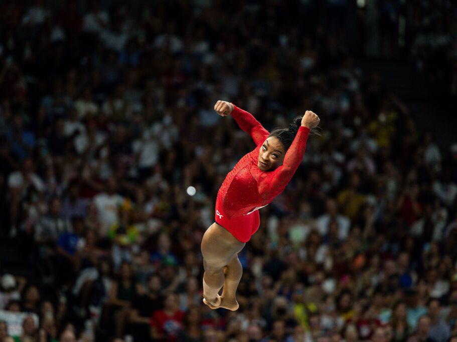 Simone Biles of Team USA competes during the Artistic Gymnastics Women's Vault Final on day eight of the Olympic Games Paris 2024. <br>